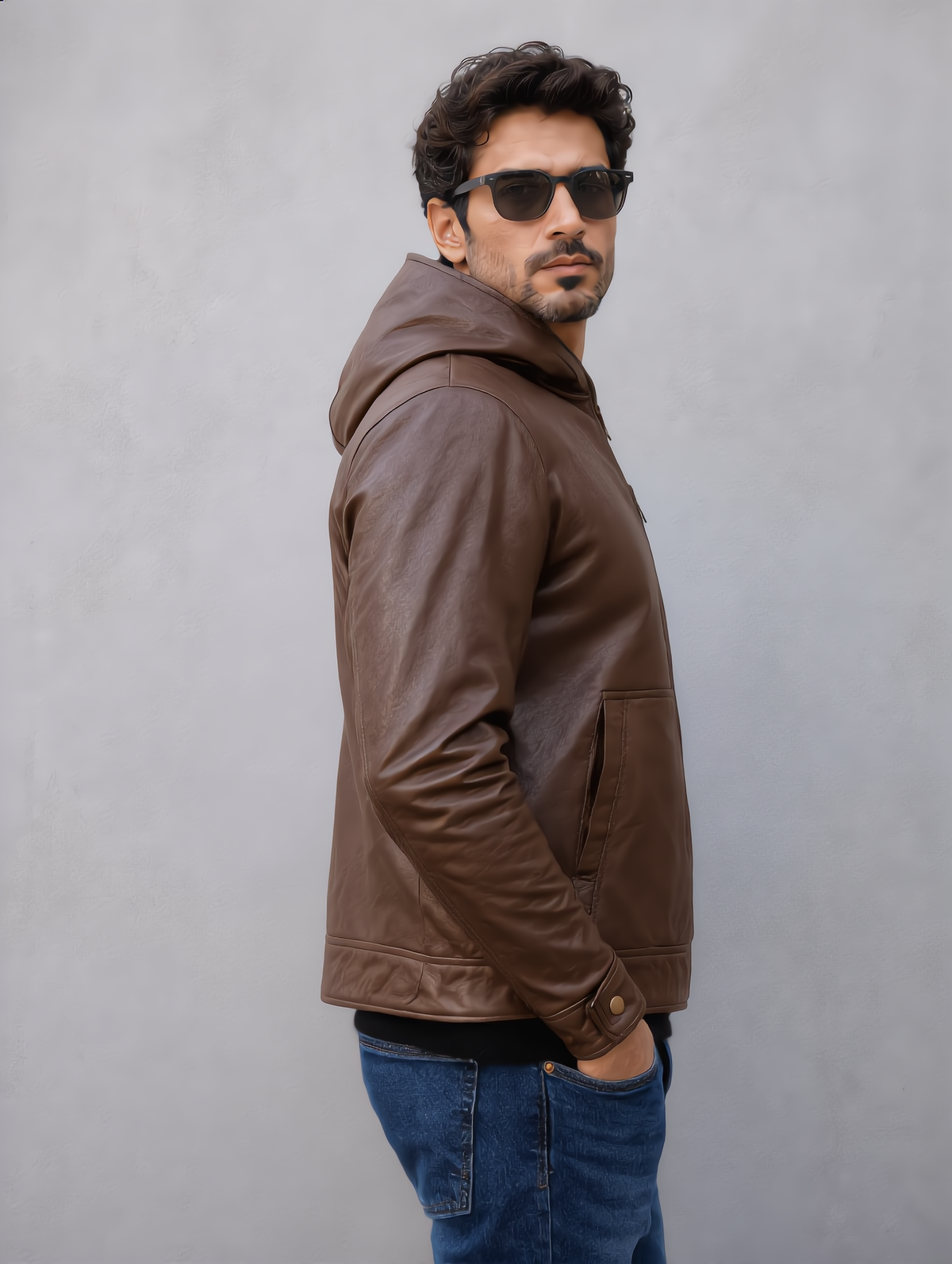 Hooded Leather Jacket - Chocolate