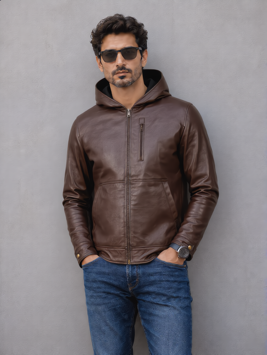 Hooded Leather Jacket - Chocolate