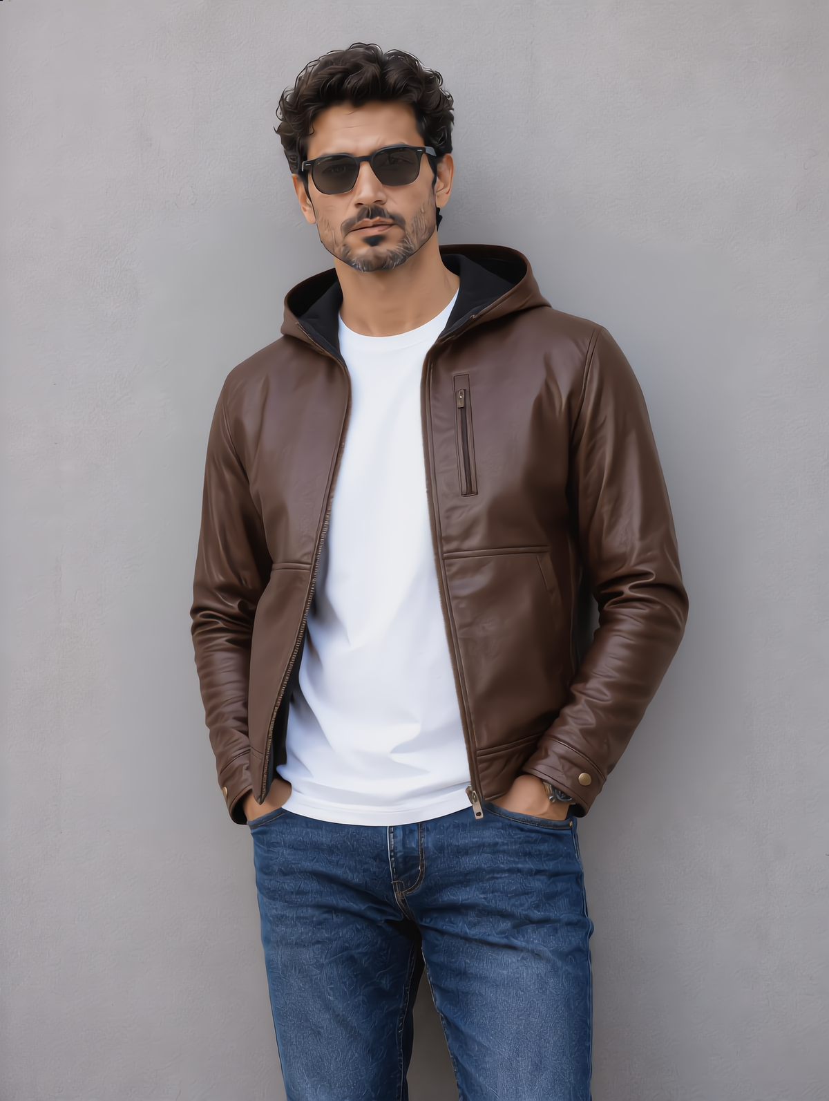 Hooded Leather Jacket - Chocolate