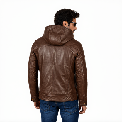Hooded Leather Jacket - Chocolate