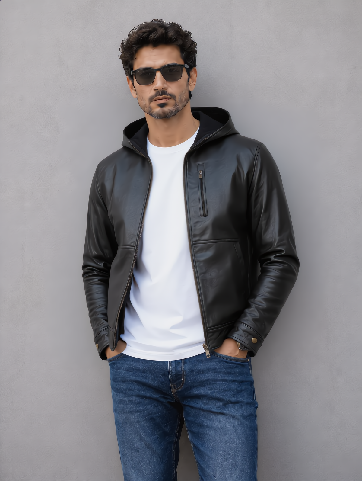 Hooded Leather Jacket - Black