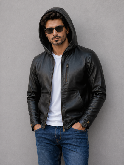 Hooded Leather Jacket - Black