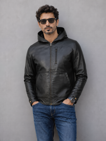 Hooded Leather Jacket - Black