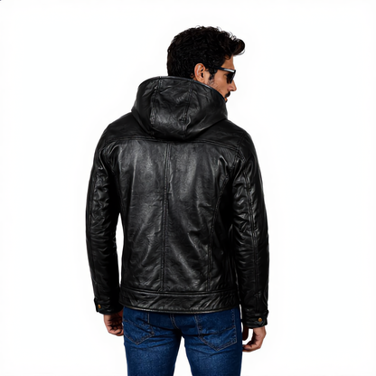 Hooded Leather Jacket - Black