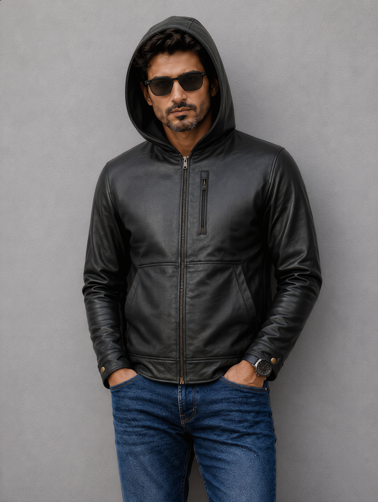 Hooded Leather Jacket - Black