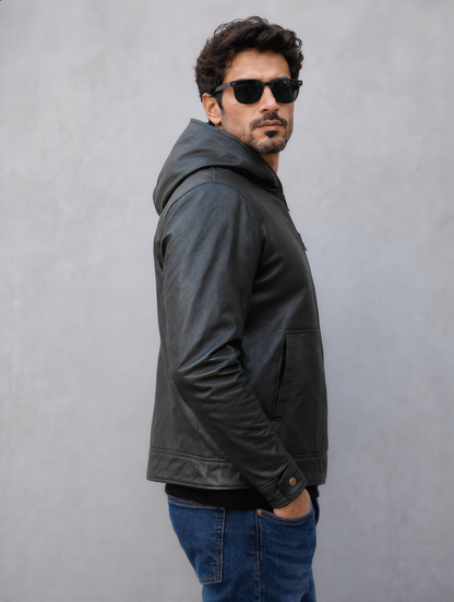 Hooded Leather Jacket - Black