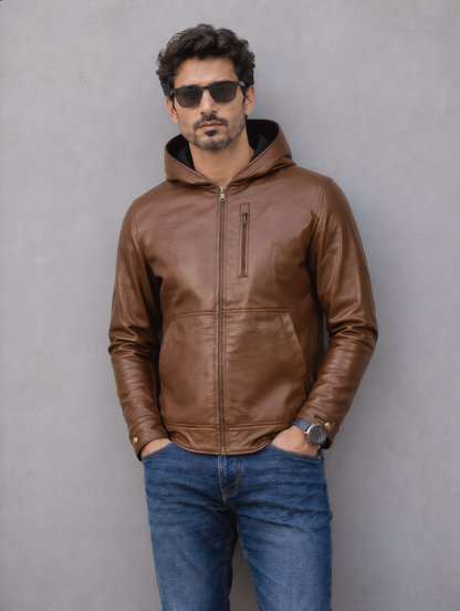 Hooded Leather Jacket - Brown
