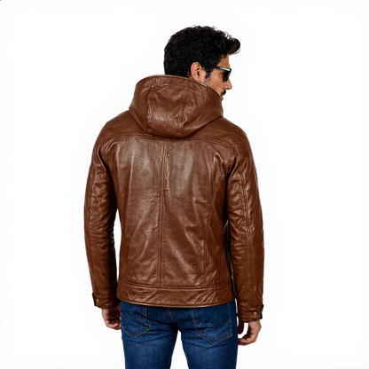 Hooded Leather Jacket - Brown