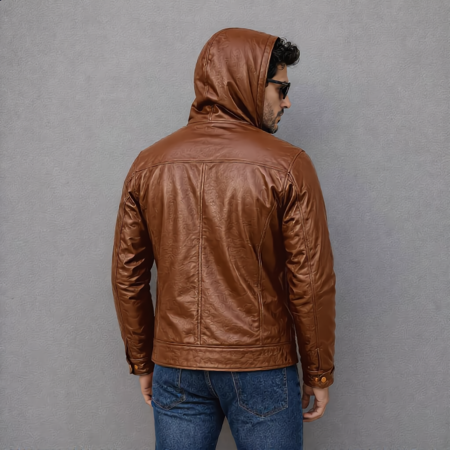 Hooded Leather Jacket - Brown