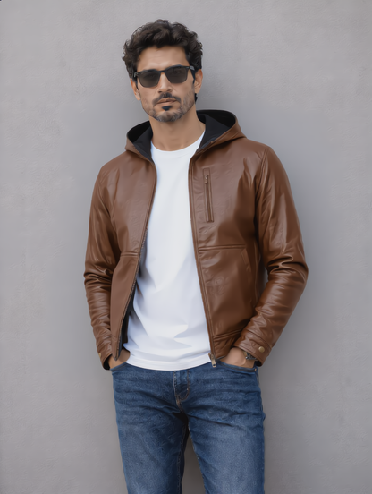 Hooded Leather Jacket - Brown
