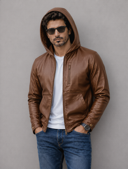 Hooded Leather Jacket - Brown