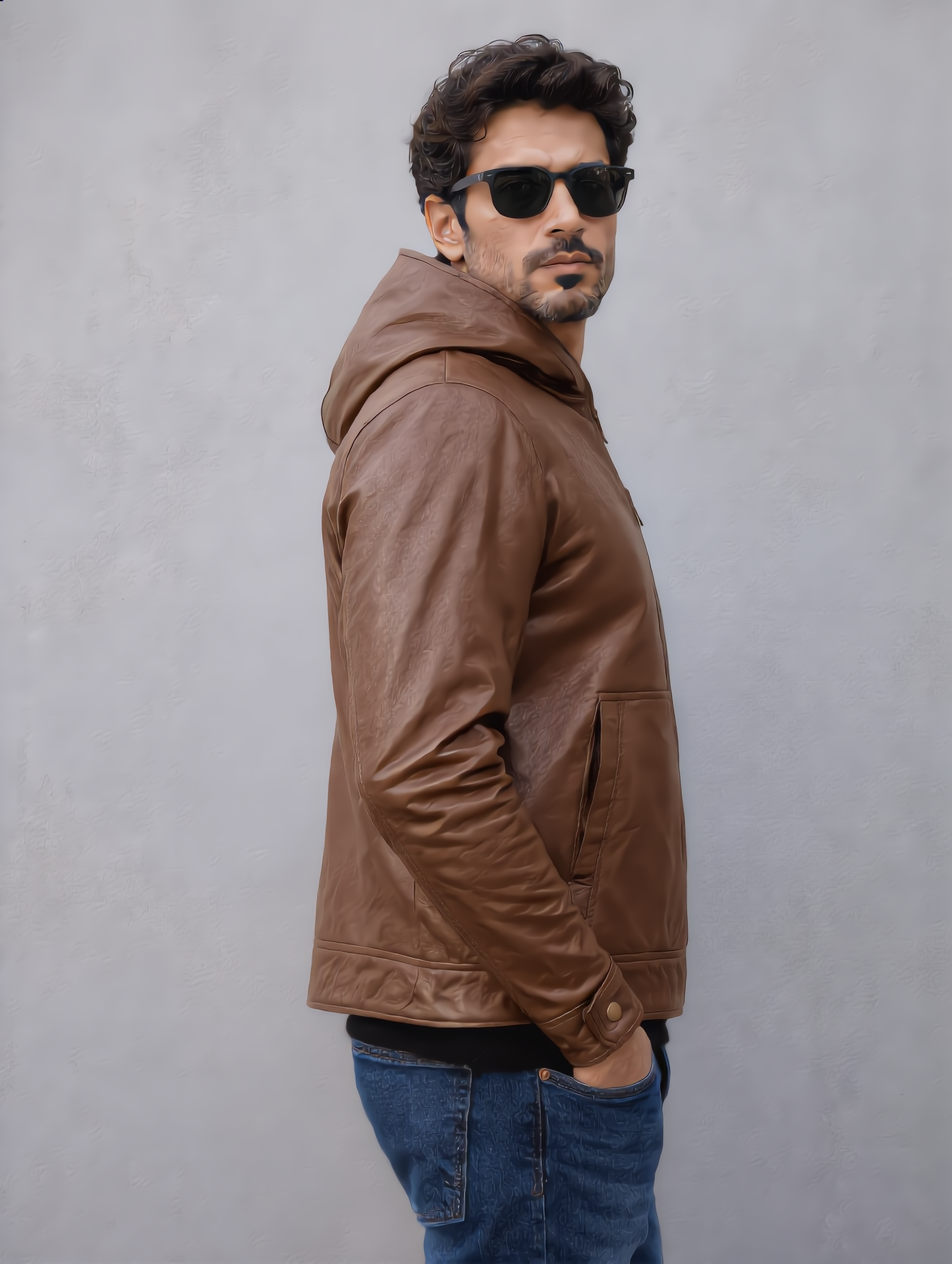 Hooded Leather Jacket - Brown