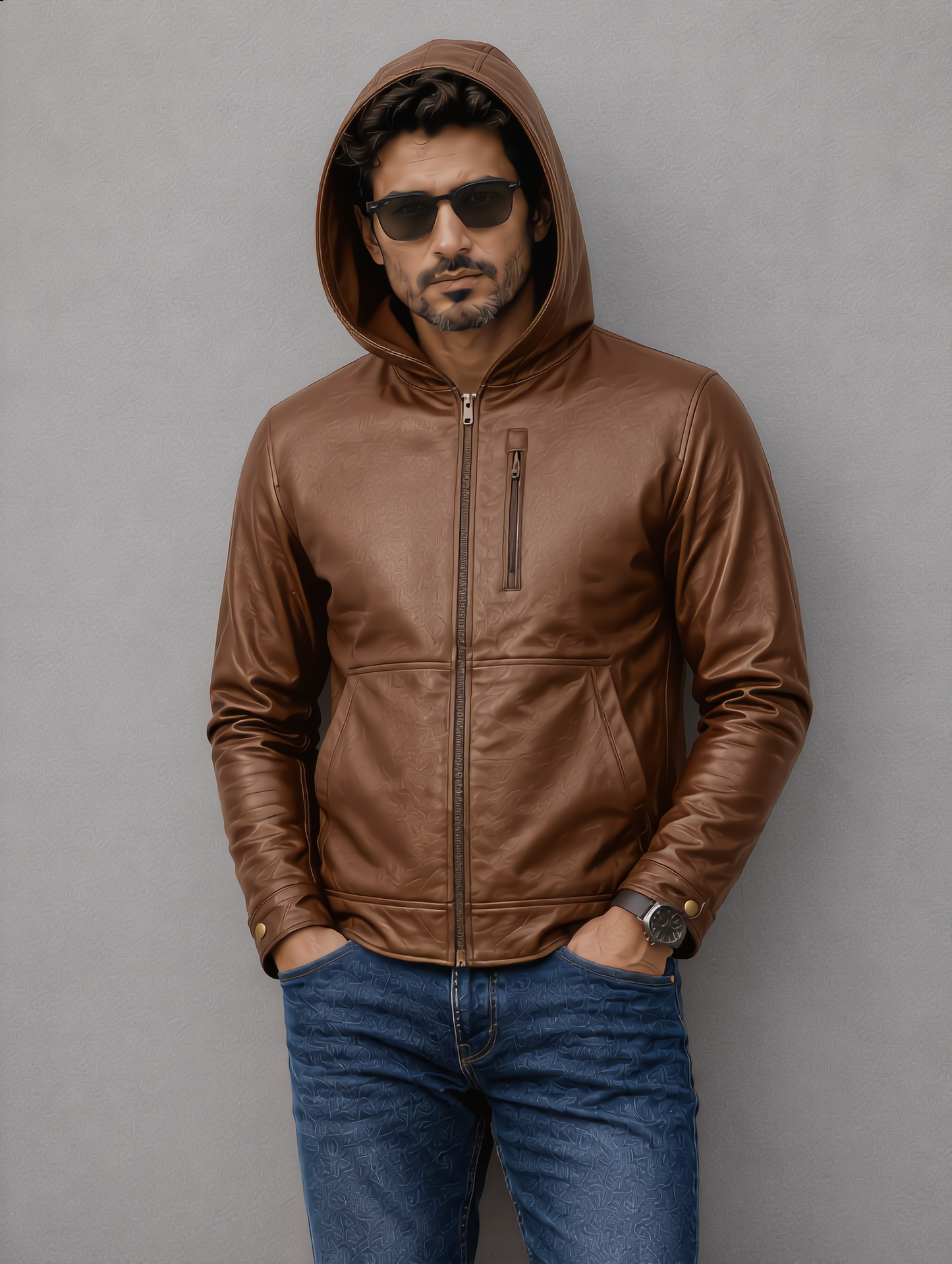 Hooded Leather Jacket - Brown