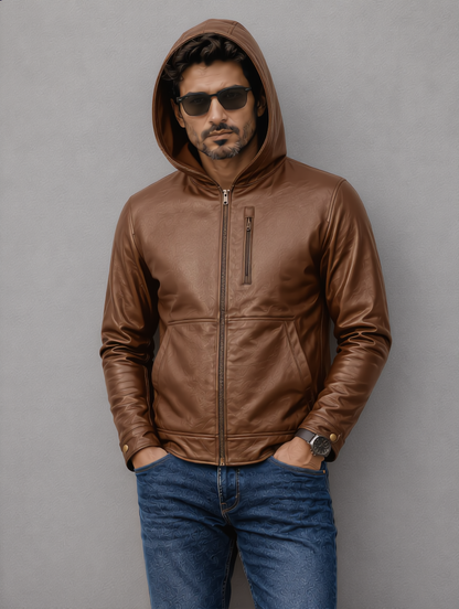 Hooded Leather Jacket - Brown