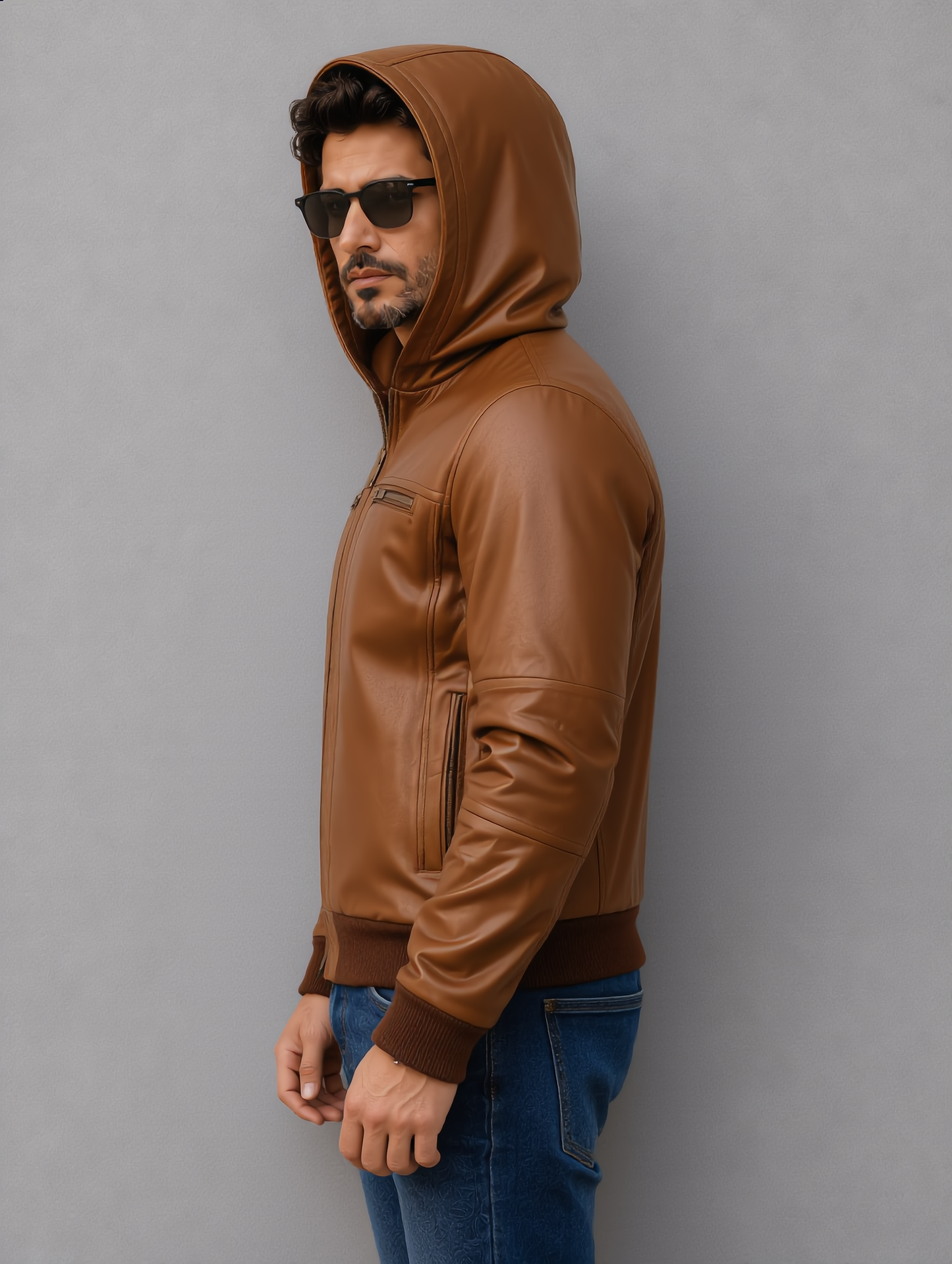 Hooded Leather Bomber Jacket - Brown