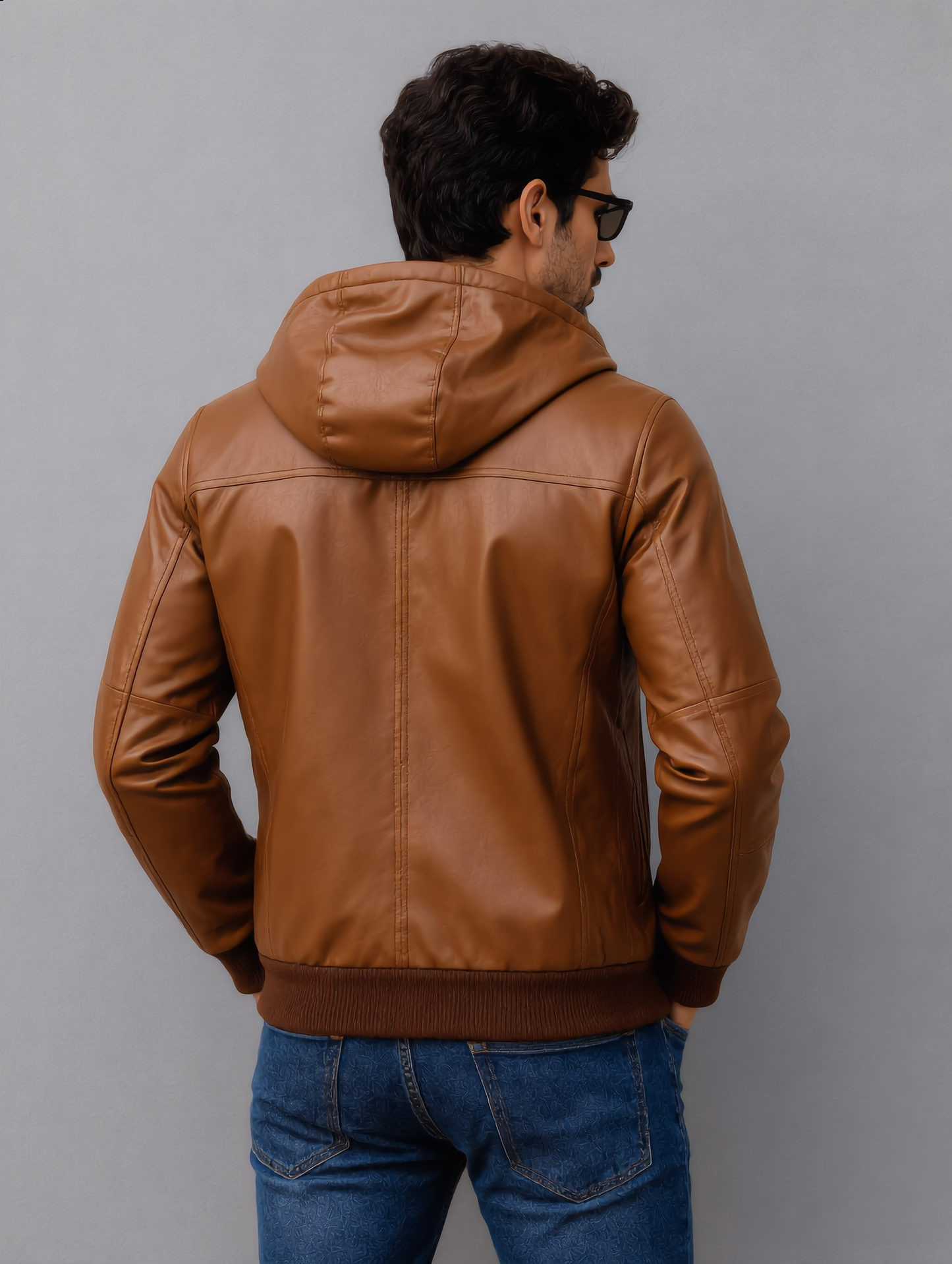 Hooded Leather Bomber Jacket - Brown
