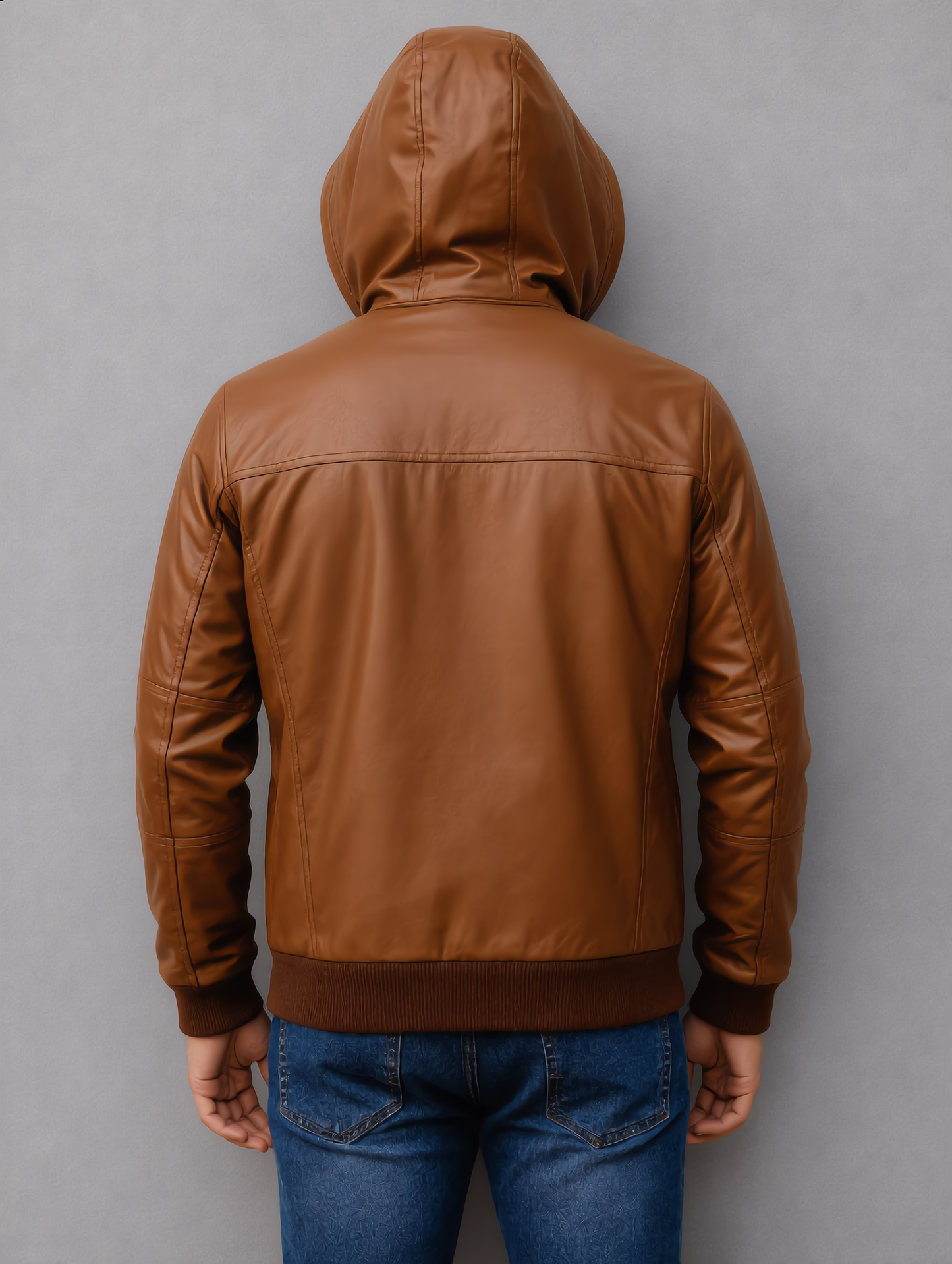 Hooded Leather Bomber Jacket - Brown