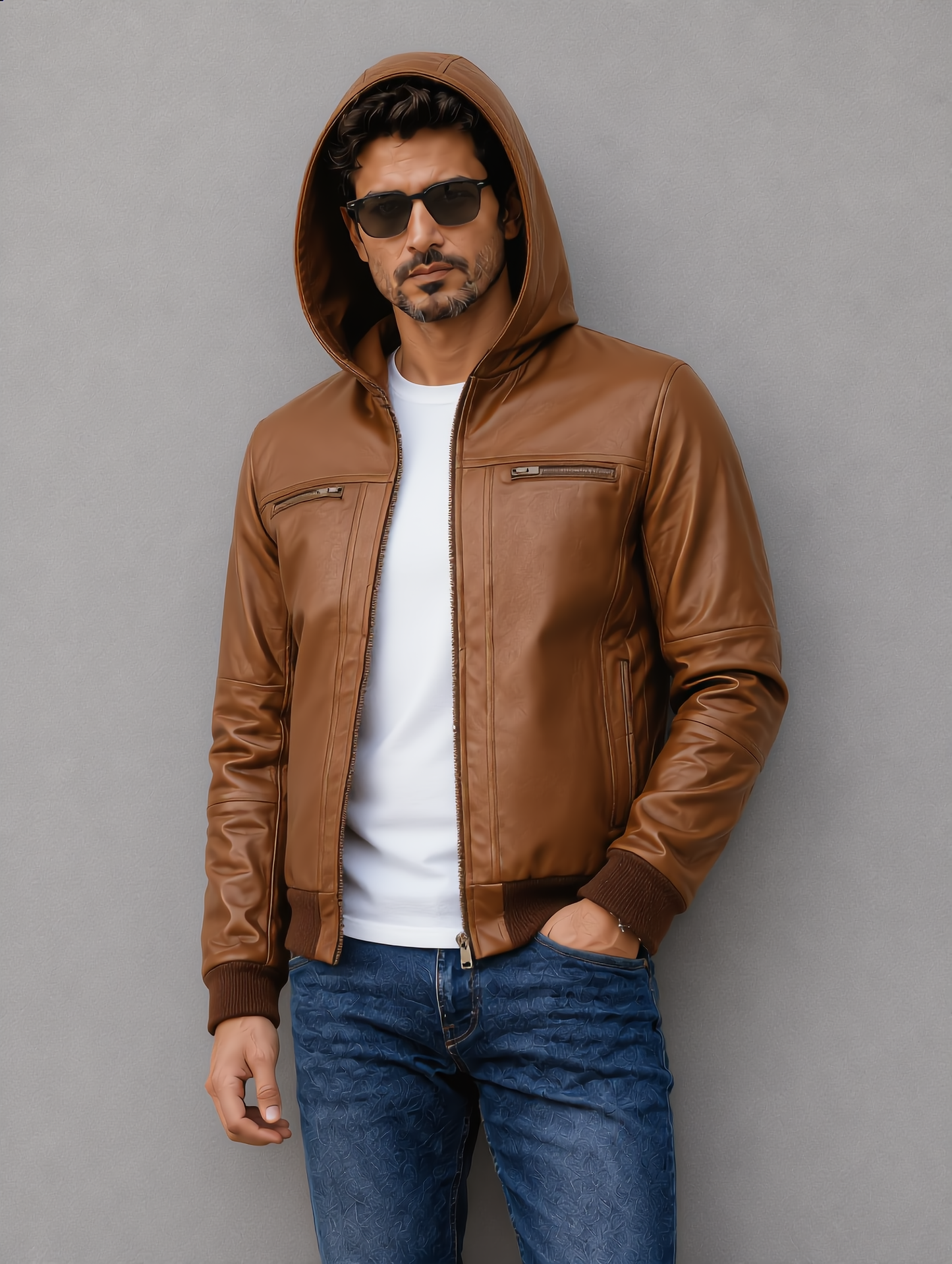 Hooded Leather Bomber Jacket - Brown