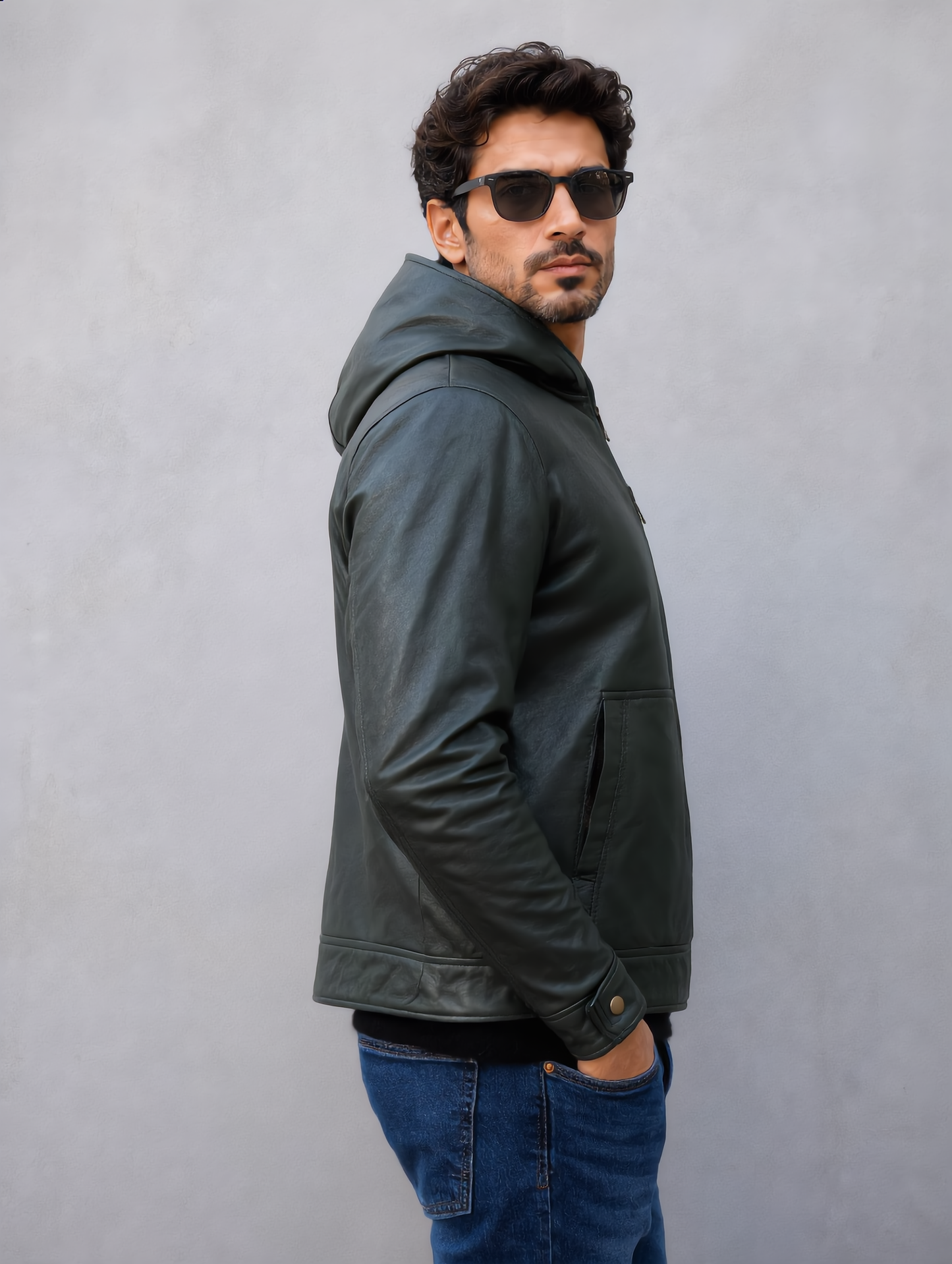 Hooded Leather Jacket - Green