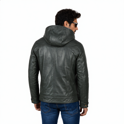 Hooded Leather Jacket - Green