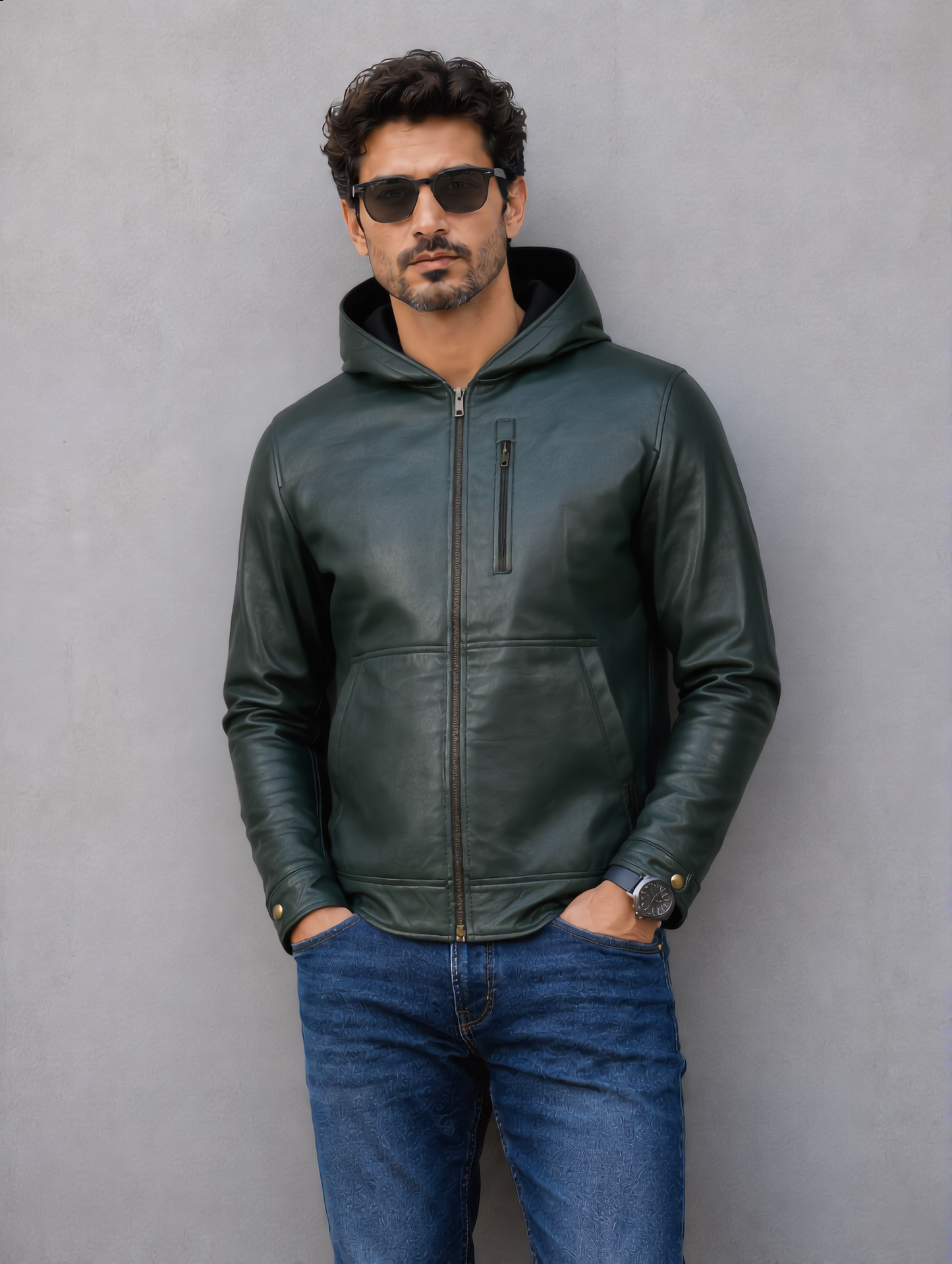 Hooded Leather Jacket - Green