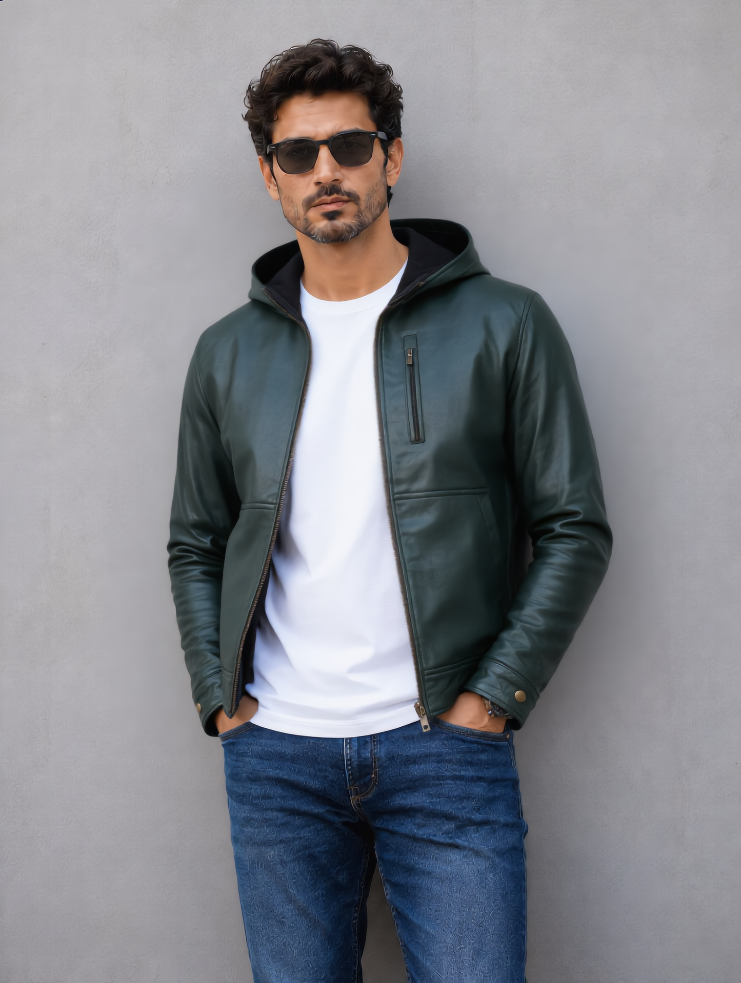 Hooded Leather Jacket - Green
