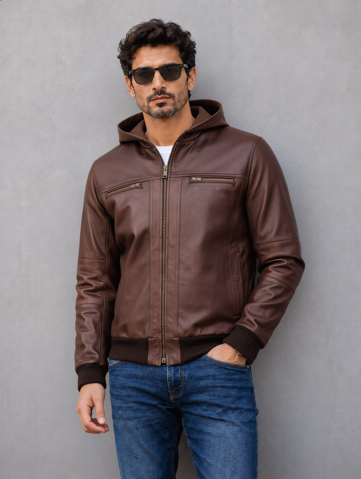 Hooded Leather Bomber Jacket - Chocolate