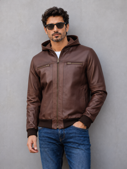 Hooded Leather Bomber Jacket - Chocolate