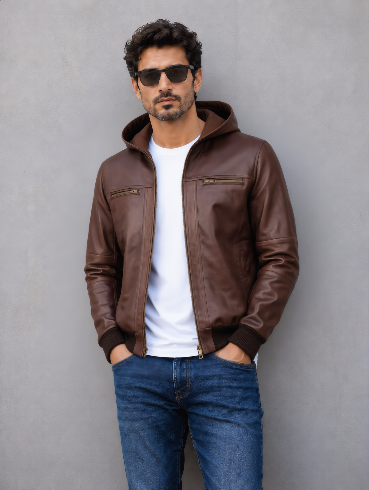 Hooded Leather Bomber Jacket - Chocolate