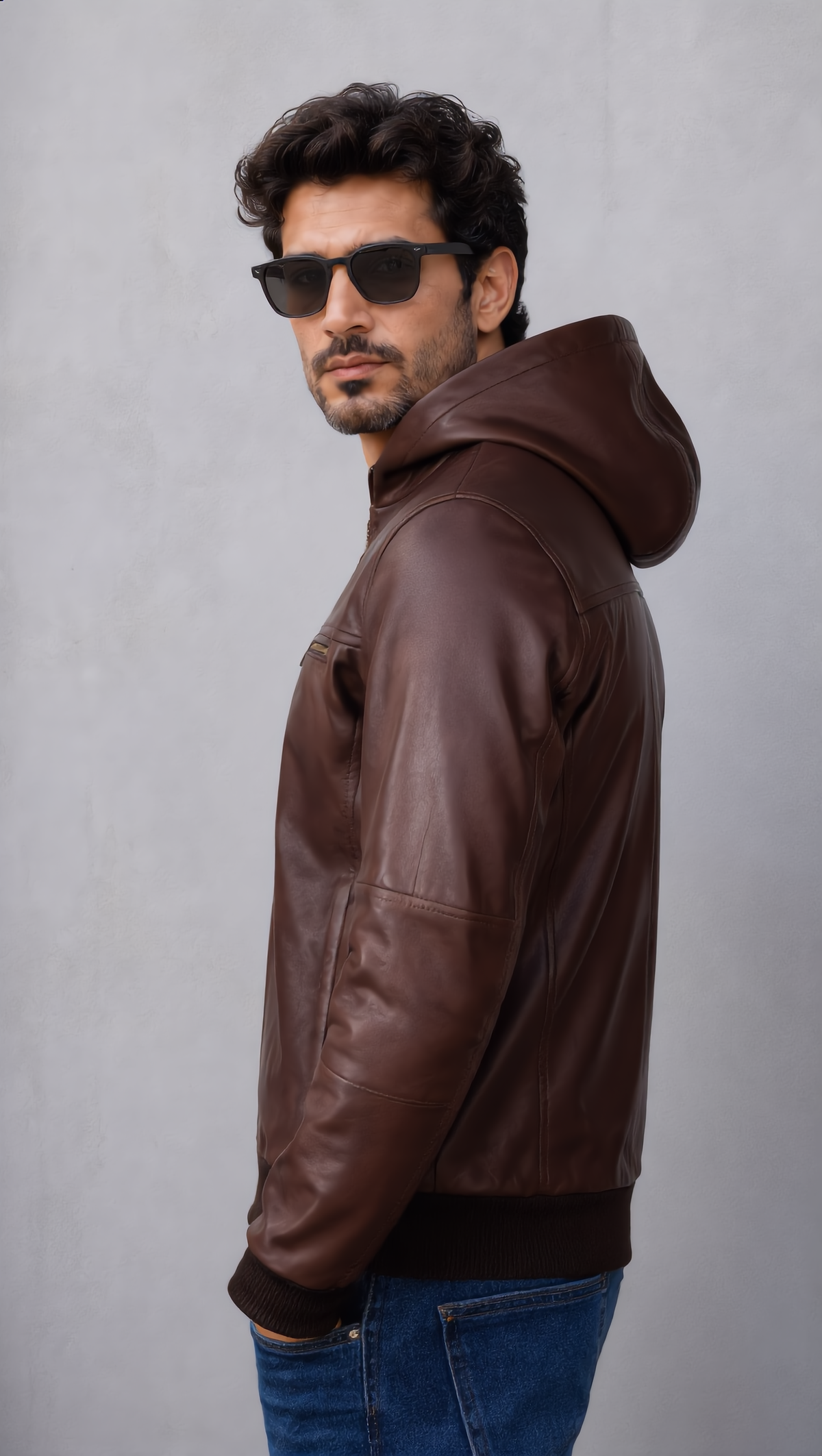 Hooded Leather Bomber Jacket - Chocolate