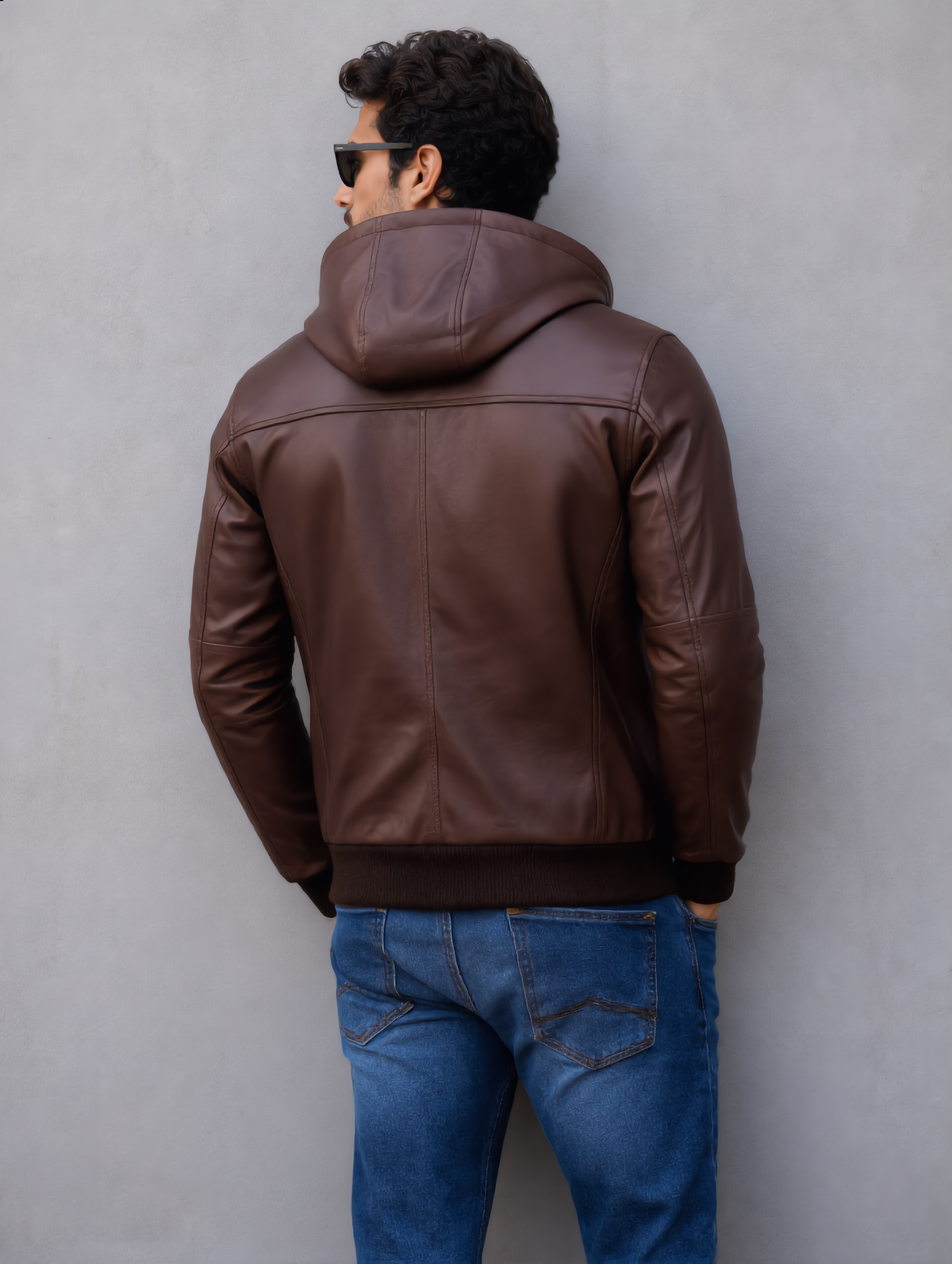 Hooded Leather Bomber Jacket - Chocolate