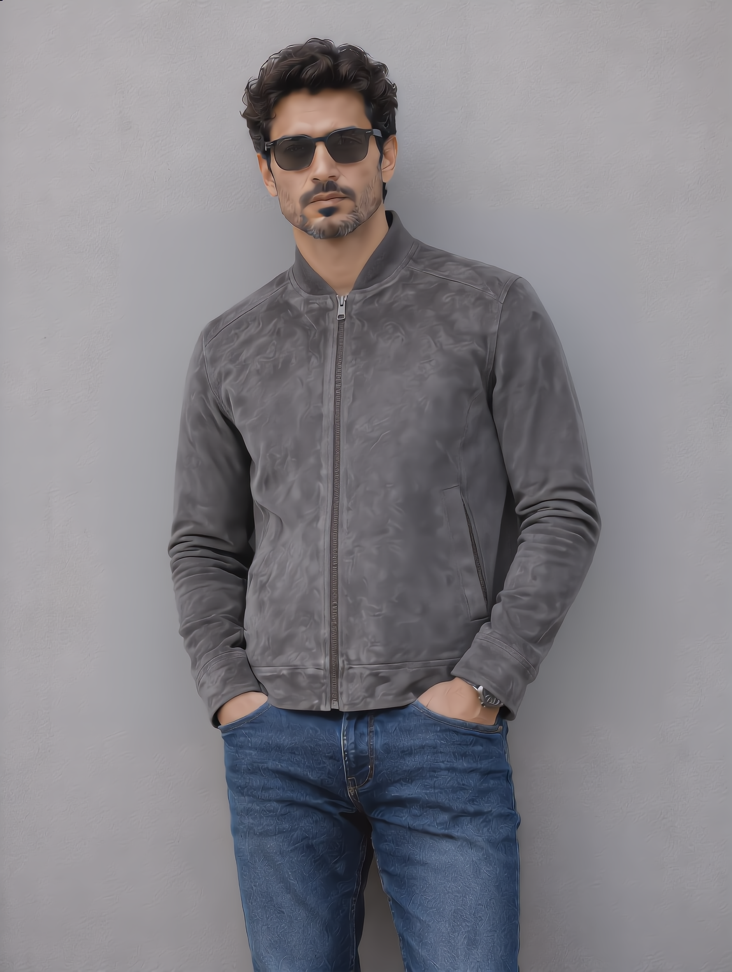 Suede Leather Jacket - Gray