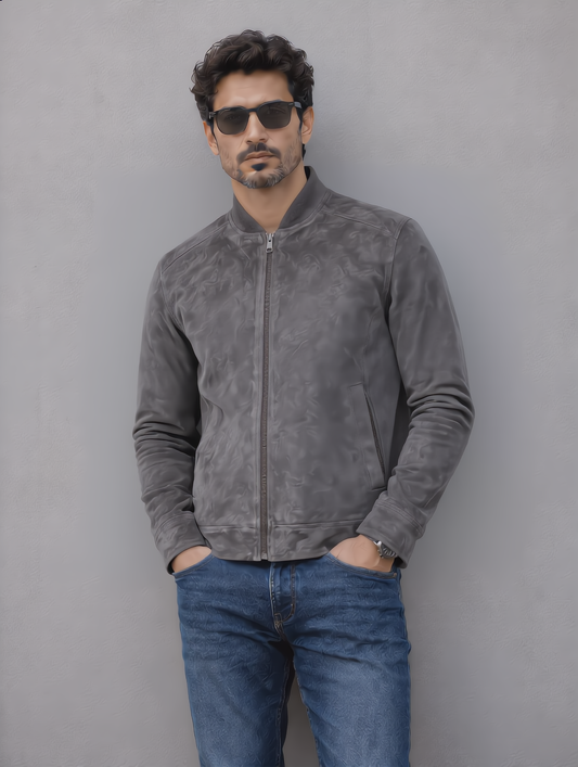 Suede Leather Jacket - Gray