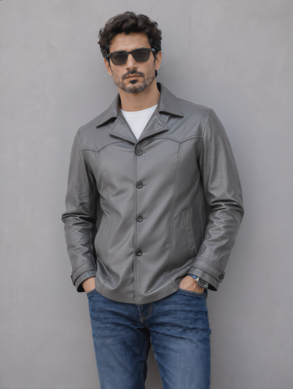 Vintage Leather Coat - Gray