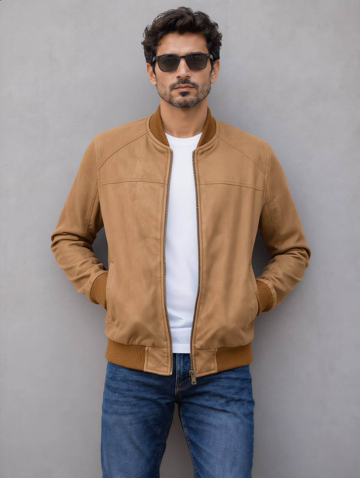 Suede Bomber Jacket - Camel