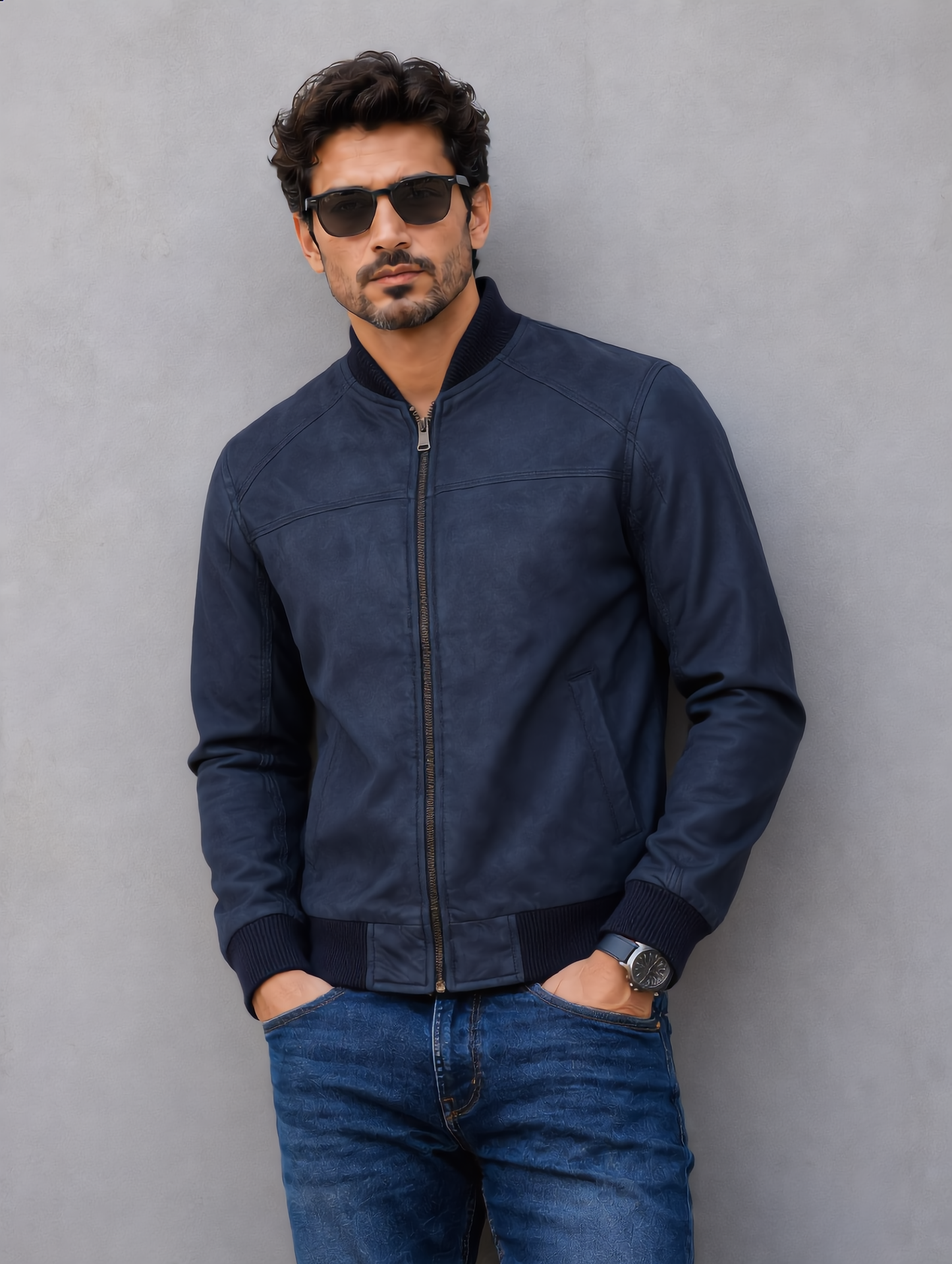 Suede Bomber Jacket - Dark Blue