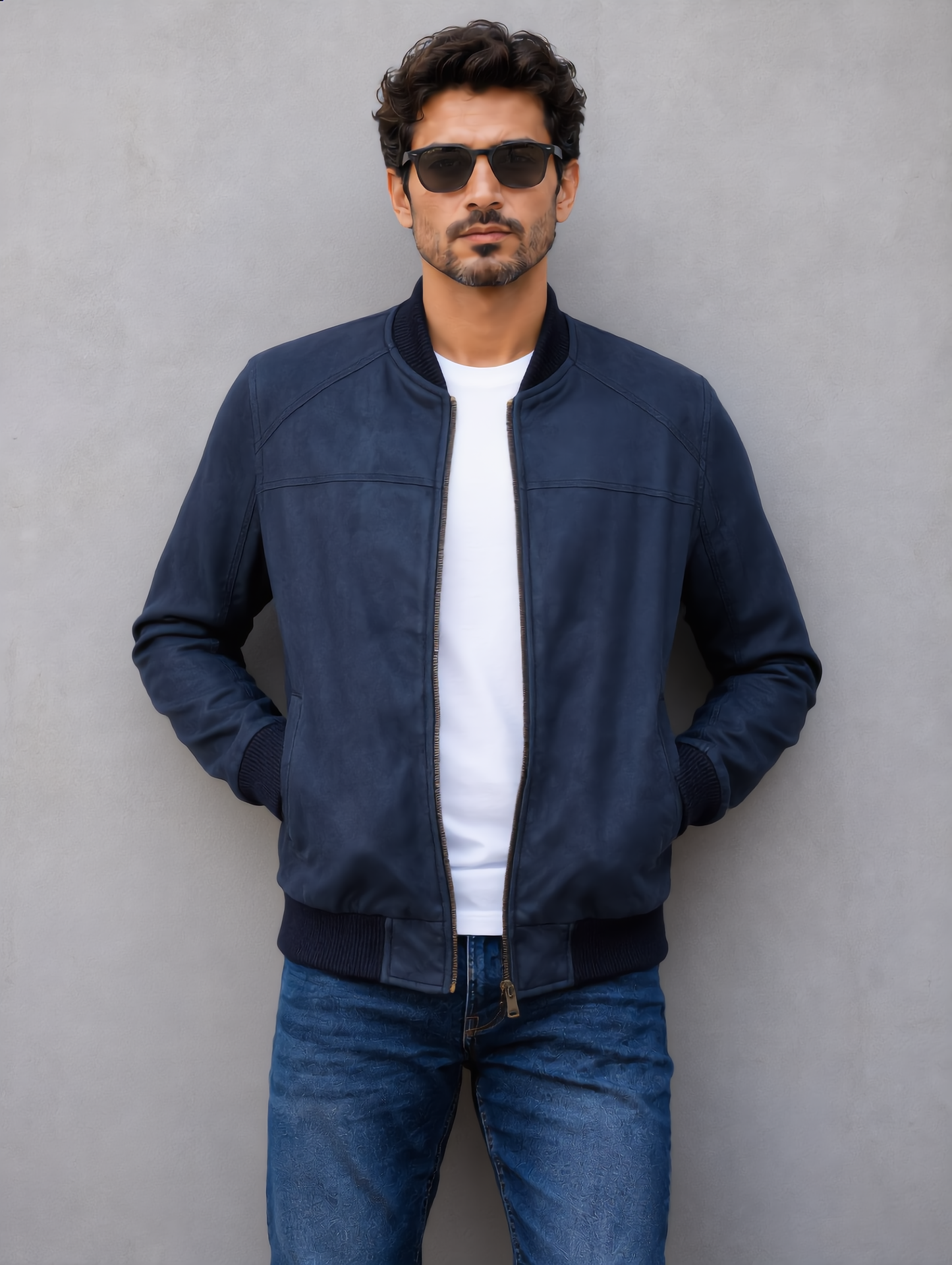 Suede Bomber Jacket - Dark Blue