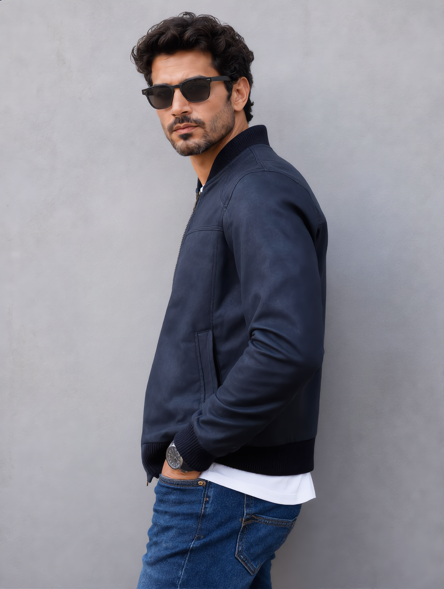 Suede Bomber Jacket - Dark Blue