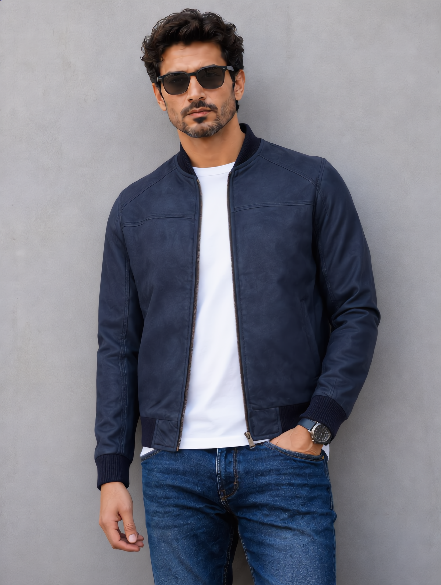 Suede Bomber Jacket - Dark Blue