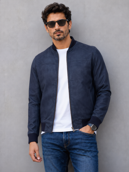 Suede Bomber Jacket - Dark Blue