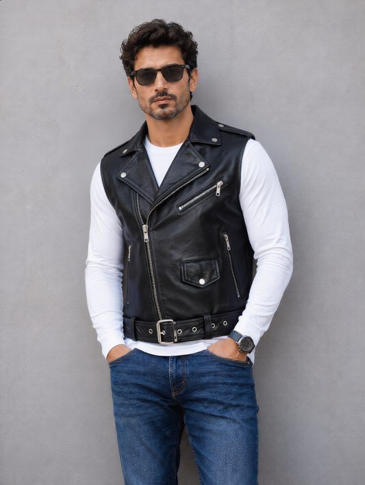 Biker Leather Vest - Black