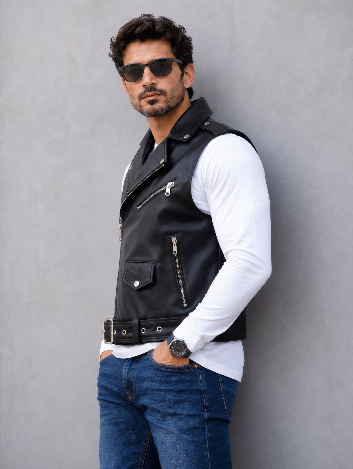 Biker Leather Vest - Black