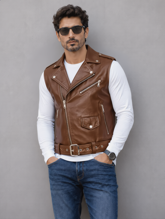 Biker Leather Vest - Brown