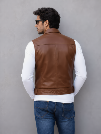 Biker Leather Vest - Brown