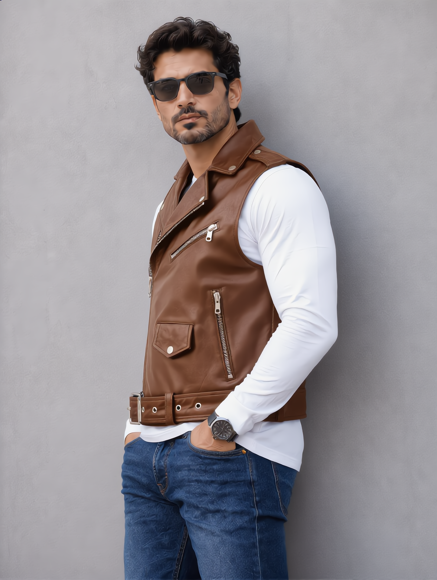 Biker Leather Vest - Brown