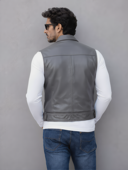 Biker Leather Vest - Gray