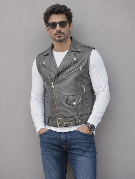 Biker Leather Vest - Gray