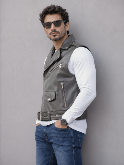 Biker Leather Vest - Gray