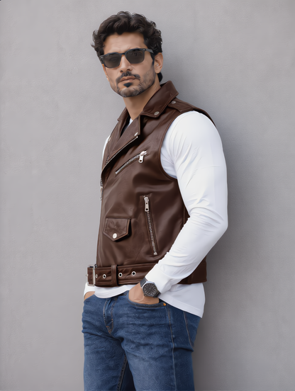 Biker Leather Vest - Chocolate