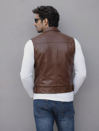 Biker Leather Vest - Chocolate